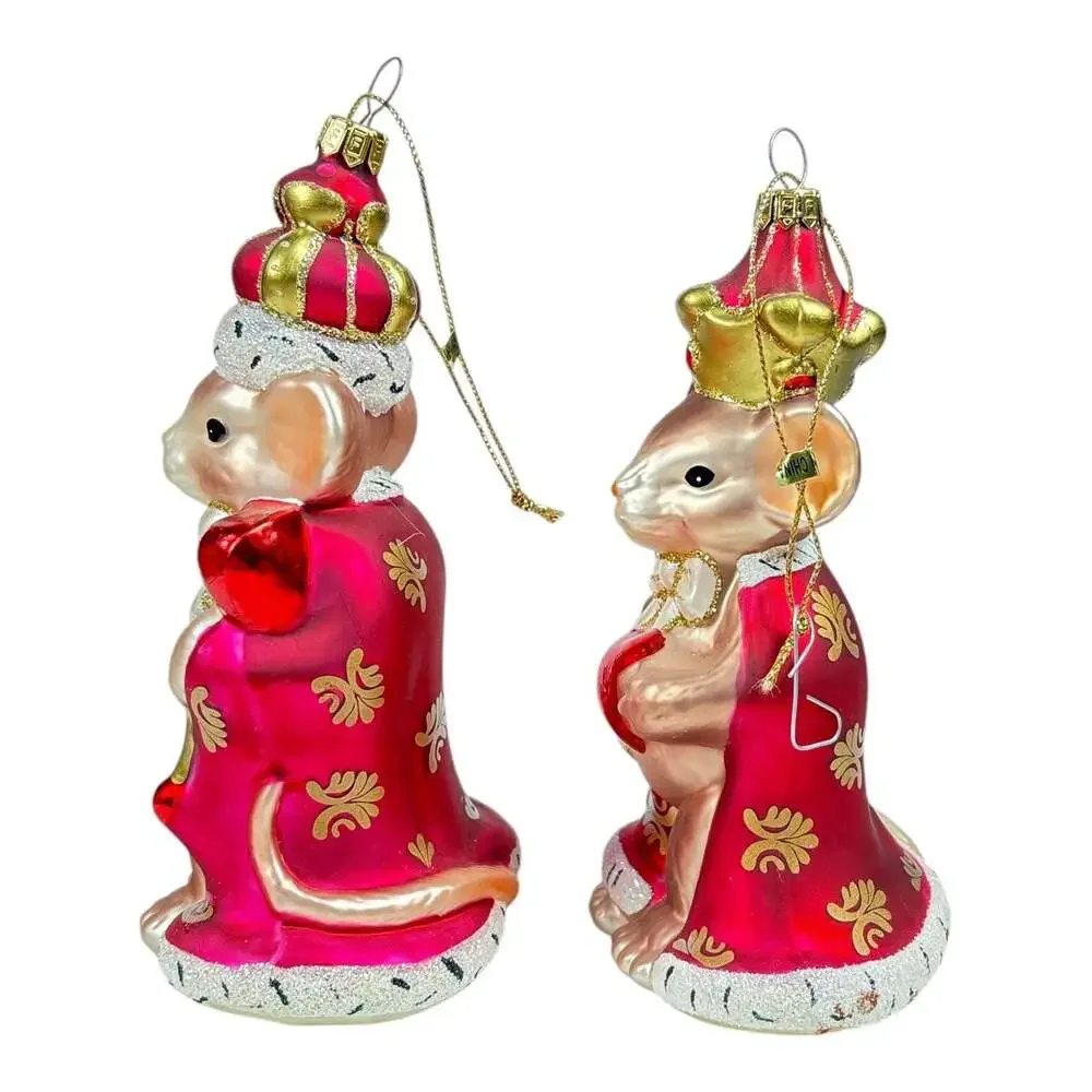 Fitz and Floyd Charming Tails King and Queen of Hearts Mouse Glass Ornaments Set